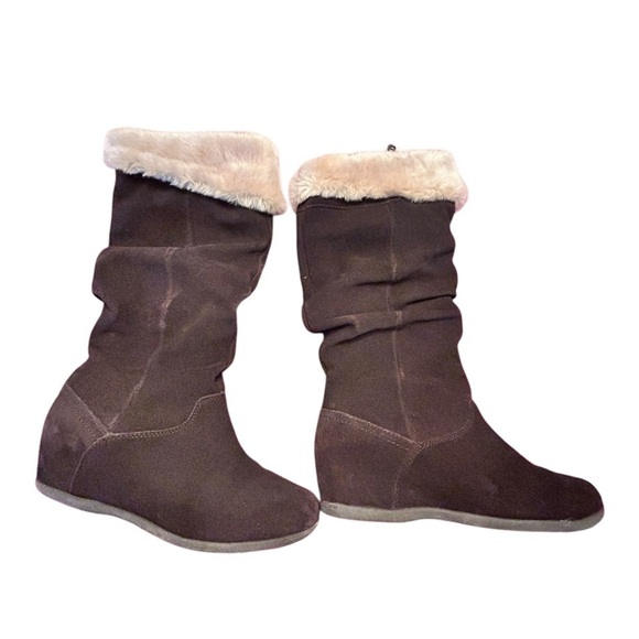 COUGAR FANTASY Brown Suede Tan Faux Fur Cuffs Knee High Wedge Boots Waterproof - Picture 1 of 11
